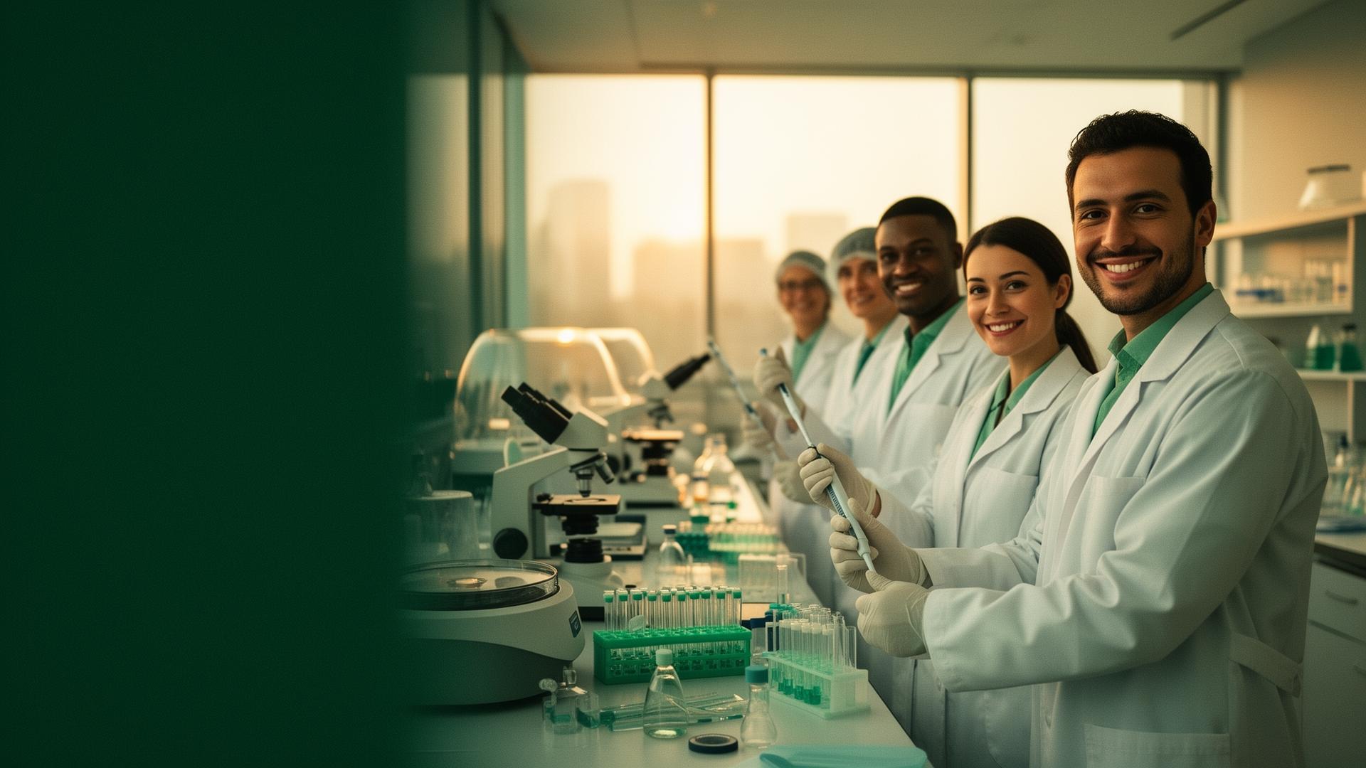 Equipe de laboratório clínico em bancada com microscópios, pipetas e tubos de ensaio em iluminação golden hour