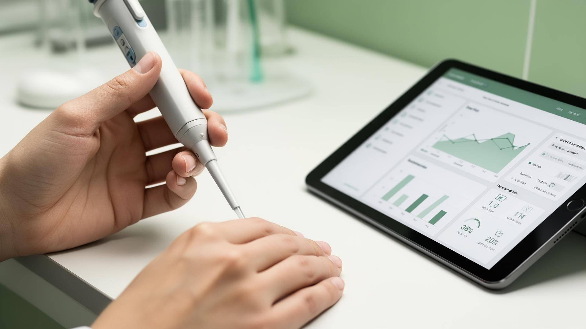 Pipetagem e tablet em processo laboratorial